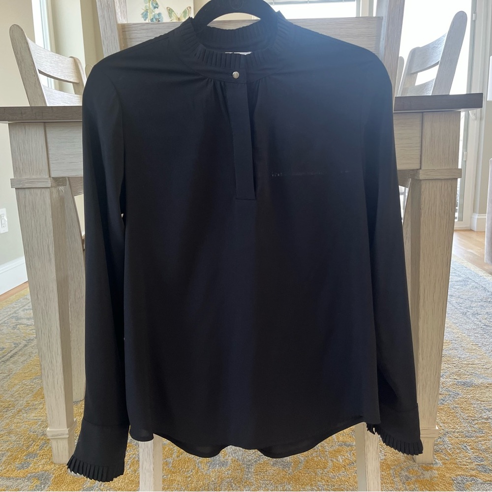 Calvin Klein - Black Pleated Collar Pleated Sleeve Blouse - Silver Buttons - S